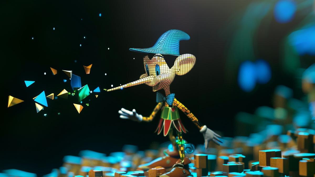 A stylized, digital version of Pinocchio with a mesh-like texture. He wears a blue hat, green bow tie, and colorful outfit. His elongated nose emits colorful geometric shapes. The dark background features scattered glowing shapes, enhancing the magical and futuristic atmosphere