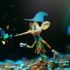 A stylized, digital version of Pinocchio with a mesh-like texture. He wears a blue hat, green bow tie, and colorful outfit. His elongated nose emits colorful geometric shapes. The dark background features scattered glowing shapes, enhancing the magical and futuristic atmosphere